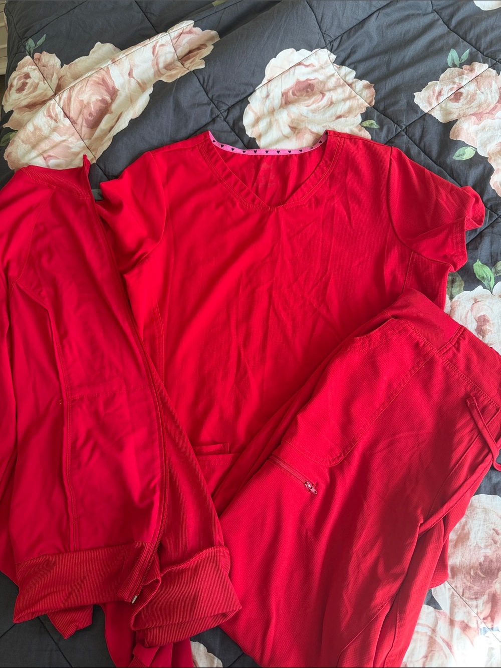 Women’s Red Scrub Set - V-Neck Top Drawstring Pants, and Scrub Jacket (3 piece)